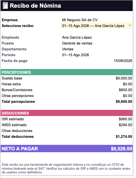 Nómina para Pymes — Calcula sueldos, ISR e IMSS estimado y genera recibos (Google Sheets)