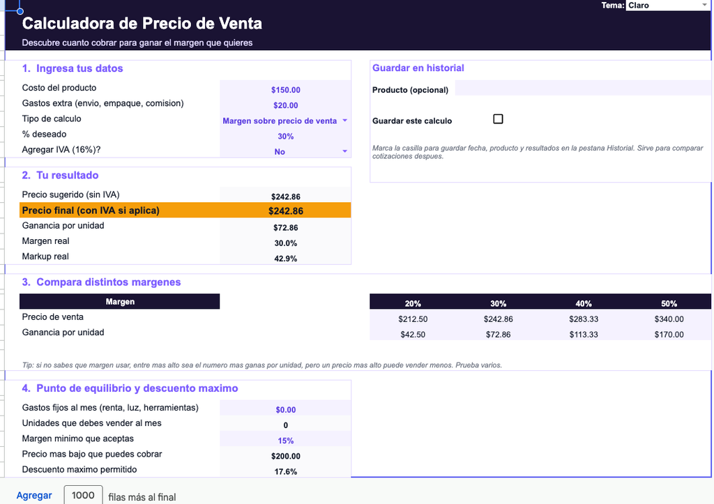Calculadora de Precio de Venta y Margen (Google Sheets)