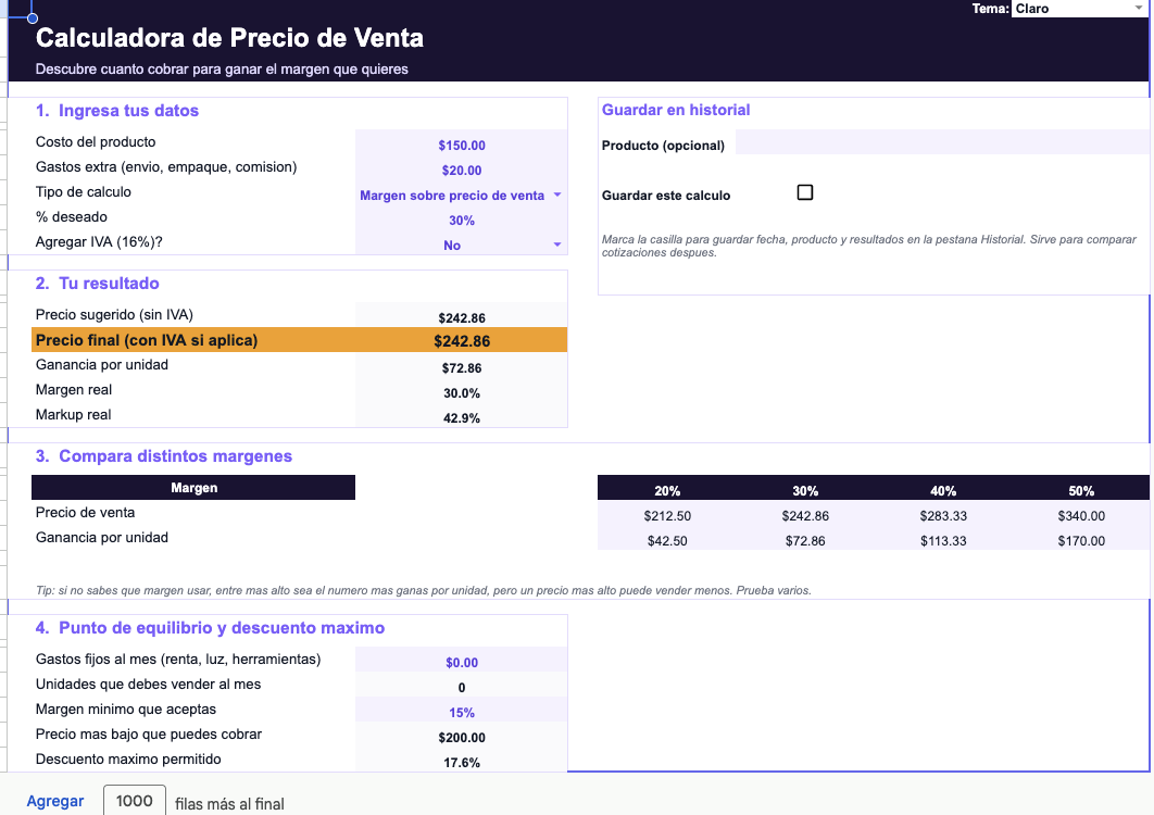 Calculadora de Precio de Venta y Margen (Google Sheets)