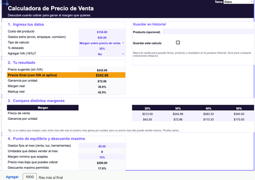 Calculadora de Precio de Venta y Margen (Google Sheets)